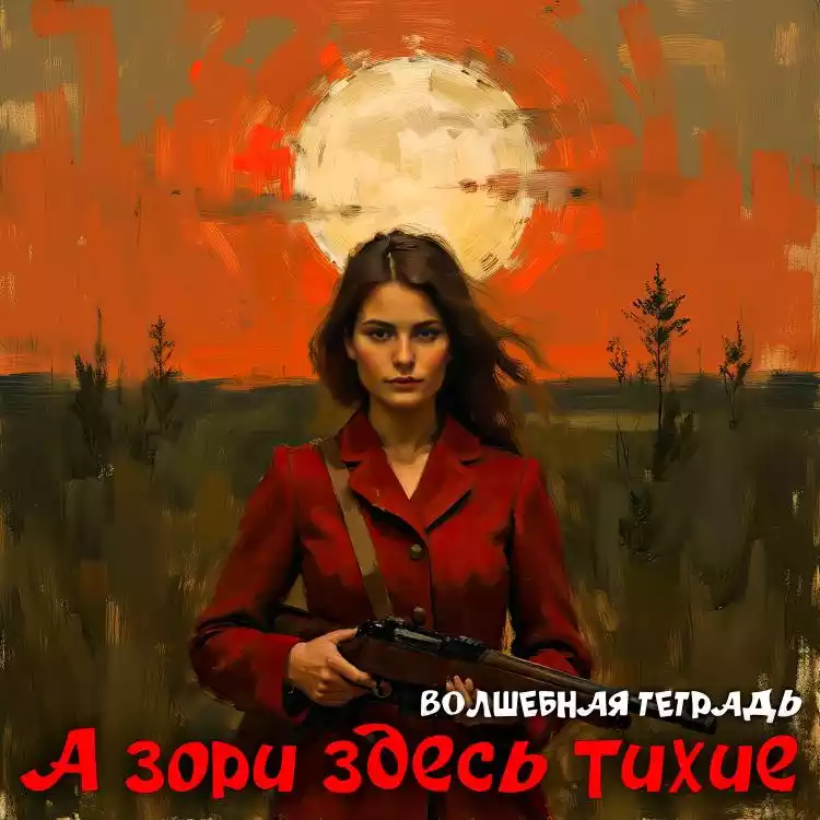 На изображении женщина в красном пальто держит оружие. На заднем плане закат или восход с большим солнцем. Подпись: А зори здесь тихие. Волшебная тетрадь