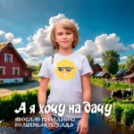 На изображении мальчик в белой футболке с рисунком на фоне деревни с красными домами и зелёными деревьями. Небо голубое с белыми облаками. Дачный посёлок. Надпись: «А я хочу на дачу!» Волшебная тетрадь.