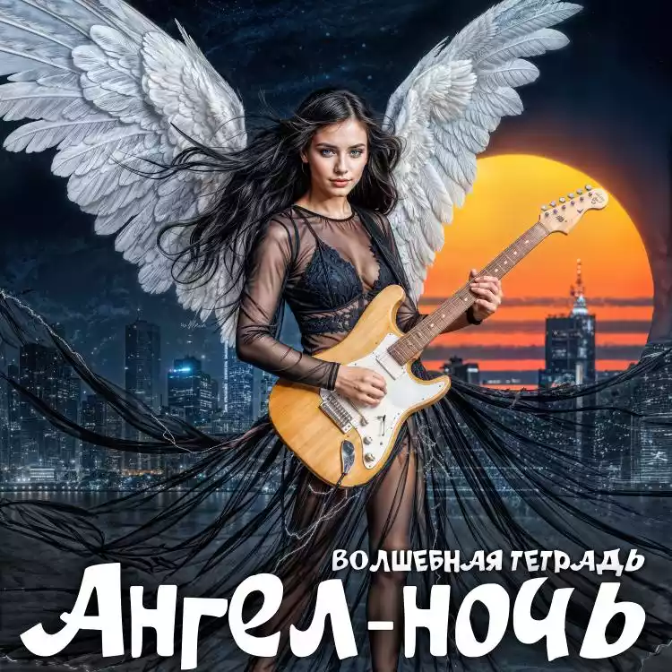 На изображении девушка - ангел с крыльями, держит гитару. На фоне ночной город с оранжевым солнцем. Текст «Волшебная тетрадь Ангел-ночь».
