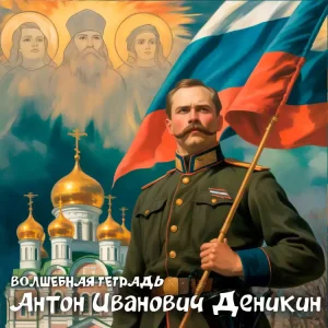 На изображении русский офицер в военной форме держит флаг с синими, красными и белыми полосами. На заднем плане храм с золотыми куполами и святые в ореоле света.