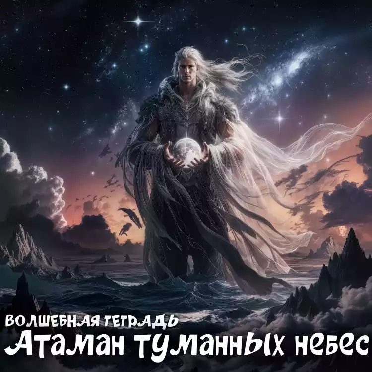 На изображении человек с длинными светлыми волосами держит магический шар. Вокруг него ночное небо со звёздами и облака.