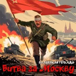 На изображении солдат в военной форме бежит вперёд, держа красный флаг. Вокруг взрывы и танки. На заднем плане видна Москва. Подпись: «Битва за Москву». Волшебная тетрадь.