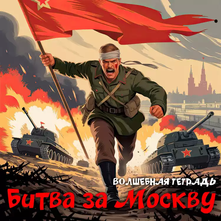 На изображении солдат в военной форме бежит вперёд, держа красный флаг. Вокруг взрывы и танки. На заднем плане видна Москва. Подпись: «Битва за Москву». Волшебная тетрадь.