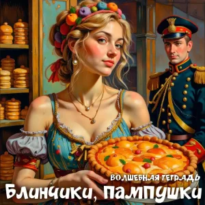 На изображении девушка в старинном платье с цветами в волосах держит пирог. Рядом стоит мужчина в военной форме. Фон изображает пекарню. Надпись: «Блинчик, пампушки! Волшебная тетрадь».
