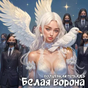 На изображении девушка с белыми крыльями и и белой вороной на плече. Вокруг стоят люди в костюмах и масках. Фон звёздный. Подпись: Белая ворона. Волшебная тетрадь
