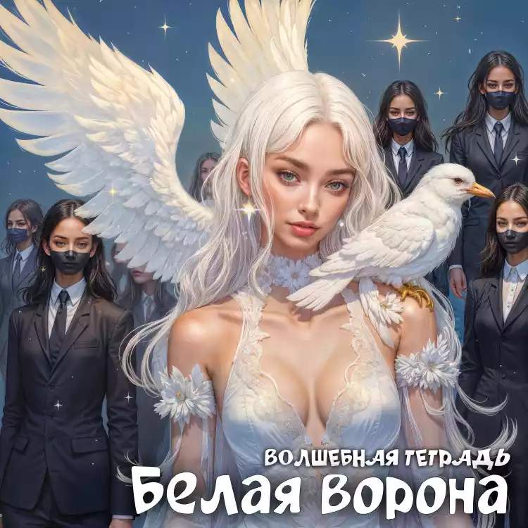 На изображении девушка с белыми крыльями и и белой вороной на плече. Вокруг стоят люди в костюмах и масках. Фон звёздный. Подпись: Белая ворона. Волшебная тетрадь
