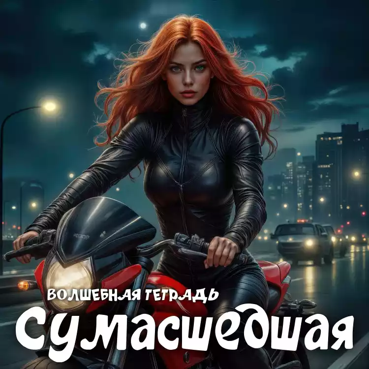 На изображении женщина с рыжими волосами на мотоцикле. Она одета в чёрную одежду. На заднем плане ночной город с огнями. Надпись: «Сумасшедшая. Волшебная тетрадь».