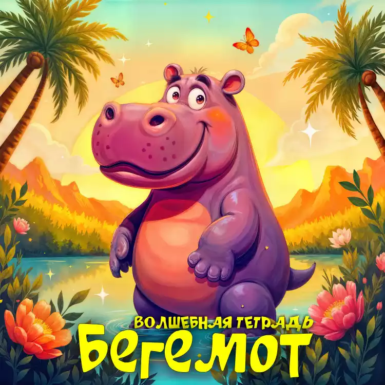 На изображении нарисован весёлый бегемот на фоне тропического пейзажа с пальмами, горами и закатом. Вокруг цветы и бабочки. Надпись: «Бегемот. Волшебная тетрадь».