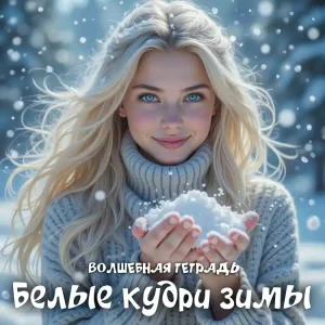 На изображении девушка с длинными светлыми волосами и голубыми глазами. Она улыбается и держит в руках снег. Фон зимний, снежный. Подпись: Белые кудри. Волшебная тетрадь