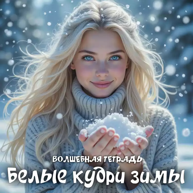 На изображении девушка с длинными светлыми волосами и голубыми глазами. Она улыбается и держит в руках снег. Фон зимний, снежный. Подпись: Белые кудри. Волшебная тетрадь