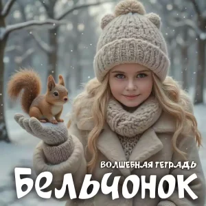 На изображении девочка в зимней одежде держит бельчонка. Вокруг снег и деревья. Текст «Волшебная тетрадь. Бельчонок».
