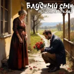 На изображении женщина в красном платье стоит на крыльце, а мужчина в костюме стоит на коленях с букетом красных цветов. Текст: Блудный сын. Волшебная тетрадь