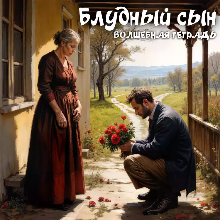 На изображении женщина в красном платье стоит на крыльце, а мужчина в костюме стоит на коленях с букетом красных цветов. Текст: Блудный сын. Волшебная тетрадь