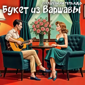 На изображении мужчина и женщина сидят в креслах, мужчина играет на гитаре. На столе ваза с розами и флакон духов. Надпись: Букет из варшавы. Волшебная тетрадь.