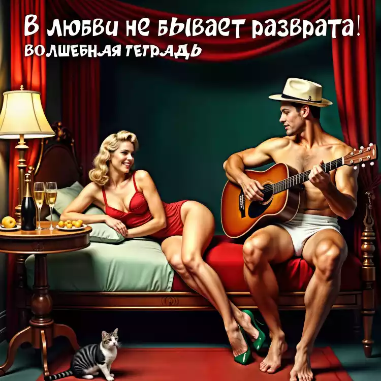 На изображении мужчина в шляпе играет на гитаре, сидя на кровати. Рядом с ним женщина в красном платье. На столике бокалы с шампанским. Надпись: «В любви не бывает разврата». Волшебная тетрадь.