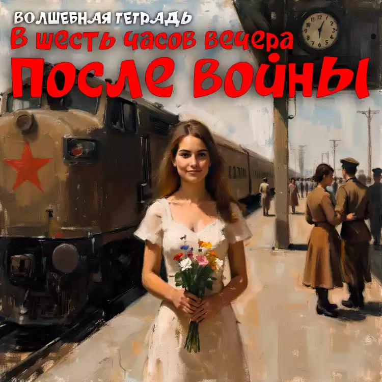 На изображении девушка в белом платье с букетом цветов. На заднем плане поезд и люди в военной форме. Видна станция с часами. Надпись: «В шесть часов вечера после войны». Волшебная тетрадь.