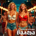 На изображении две улыбающиеся девушки в бикини и джинсовых шортах на курорте. На заднем плане мужчина, пальмы и фонари. Надпись: «Волшебная тетрадь. Валера».