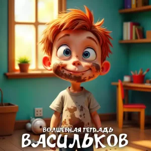 На изображении мальчик-грязнуля с рыжими волосами и веснушками. Он улыбается и одет в грязную футболку. Вокруг него комната с мебелью и растениями. Надпись: «Васильков. Волшебная тетрадь».