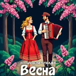 На изображении мужчина с аккордеоном и женщина в красном платье стоят на тропинке, окружённой цветущими деревьями и кустами. Текст внизу гласит «Волшебная тетрадь. Весна».