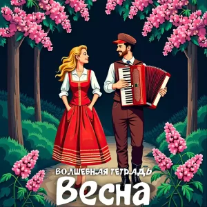 На изображении мужчина с аккордеоном и женщина в красном платье стоят на тропинке, окружённой цветущими деревьями и кустами. Текст внизу гласит «Волшебная тетрадь. Весна».