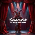 На изображении ребёнок в костюме Арлекино на сцене с красными занавесками и прожекторами. В центре надпись «Карамболь. Волшебная тетрадь».