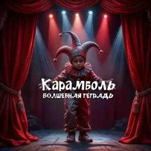 На изображении ребёнок в костюме Арлекино на сцене с красными занавесками и прожекторами. В центре надпись «Карамболь. Волшебная тетрадь».