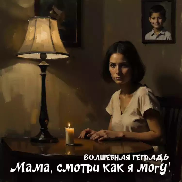 На изображении женщина сидит за столом, на котором стоит зажжённая свеча и лампа. На стене висят фотографии. Надпись: «Мама, смотри, как я могу! Волшебная тетрадь».