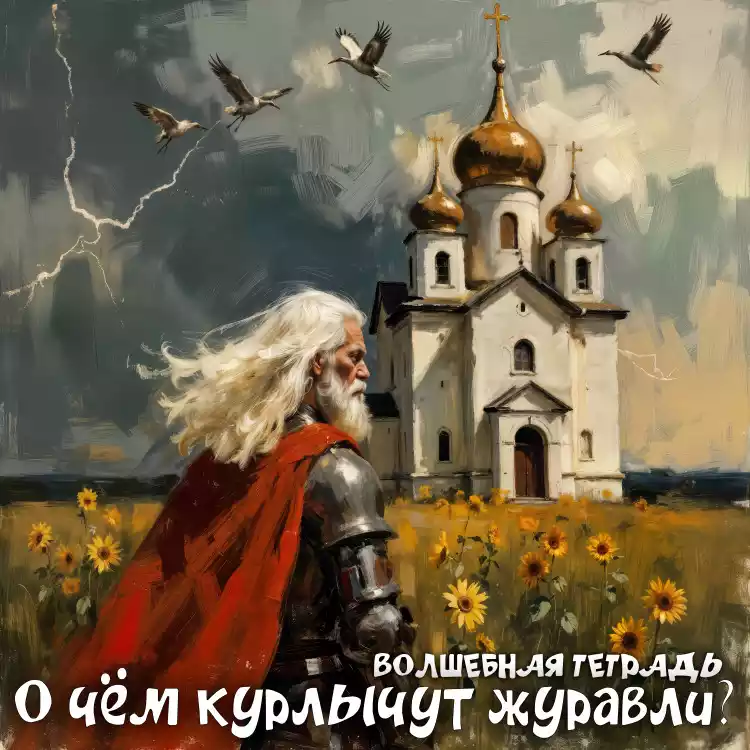 На изображении воин в доспехах и красной накидке стоит перед храмом с золотыми куполами. Вокруг растут подсолнухи, летят птицы. Надпись: «О чём курлычут журавли... Волшебная тетрадь».