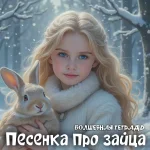 На изображении изображена девочка с длинными светлыми волосами и голубыми глазами. Она одета в белую меховую шубу и держит на руках белого кролика. Фон изображения представляет собой зимний лес, покрытый снегом. Деревья на заднем плане также покрыты снегом, создавая атмосферу зимней сказки. Девочка смотрит прямо в камеру, её лицо выражает спокойствие и доброту. В правом нижнем углу изображения находится текст белого цвета, который гласит: «Волшебная тетрадь. Песенка про зайца».