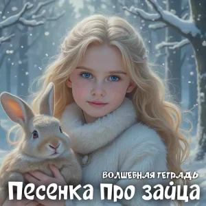 На изображении изображена девочка с длинными светлыми волосами и голубыми глазами. Она одета в белую меховую шубу и держит на руках белого кролика. Фон изображения представляет собой зимний лес, покрытый снегом. Деревья на заднем плане также покрыты снегом, создавая атмосферу зимней сказки. Девочка смотрит прямо в камеру, её лицо выражает спокойствие и доброту. В правом нижнем углу изображения находится текст белого цвета, который гласит: «Волшебная тетрадь. Песенка про зайца».