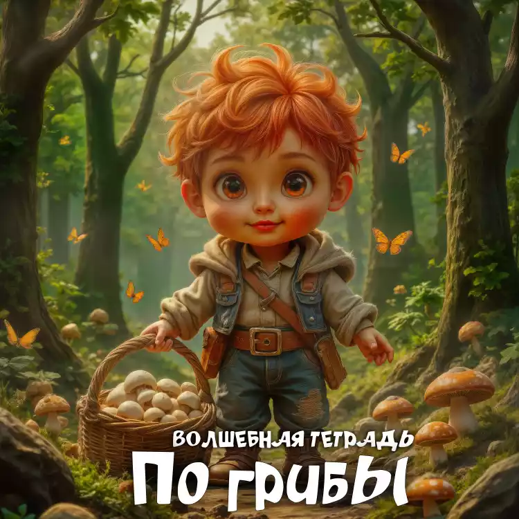 На изображении нарисован маленький мальчик с ярко-рыжими волосами и большими выразительными глазами. Он стоит в лесу, окружённом высокими деревьями. Мальчик одет в светлую рубашку, джинсовую жилетку и синие брюки. На его плече висит сумка, а в руках он держит корзину, полную грибов. Вокруг него летают бабочки, а на земле видны большие грибы. Лес наполнен зелёными деревьями и кустарниками, создавая атмосферу сказочного мира. Внизу изображения есть надпись «Волшебная тетрадь. По грибы».