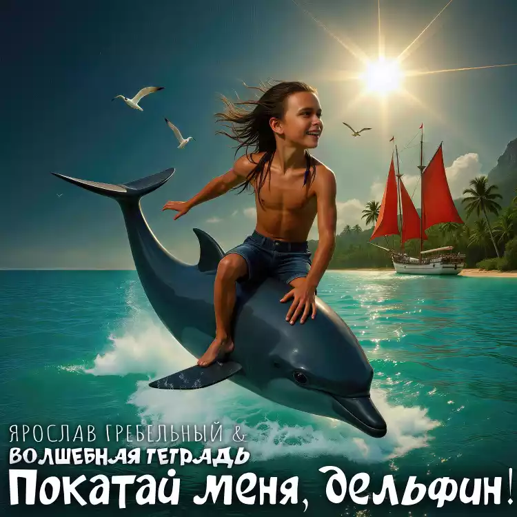 На изображении мальчик сидит верхом на дельфине, который выныривает из воды. Мальчик без рубашки, в джинсовых шортах, с длинными волосами, улыбается и выглядит радостным. Дельфин серого цвета, с плавниками и хвостом, которые видны под водой. На заднем плане изображён яркий солнечный день с голубым небом и белыми облаками. Вдали виден парусник с красными парусами, стоящий на якоре у берега, где растут пальмы. Также видны несколько белых чаек, летающих в небе. Вода имеет бирюзовый цвет, создавая ощущение тропического пляжа. Внизу изображения есть текст: «Ярослав Гребельный & Волшебная Тетрадь. Покатай меня, дельфин!».