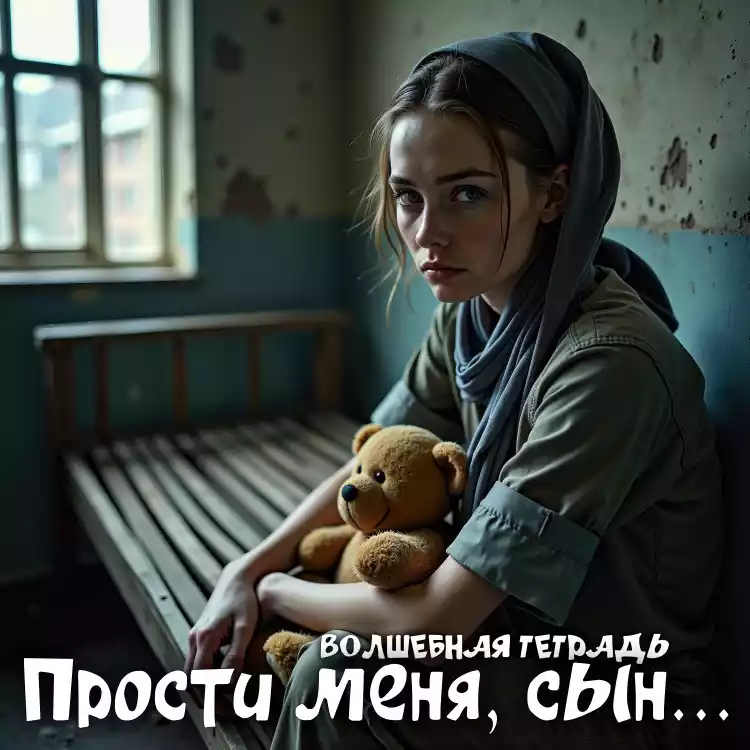 На изображении девушка с платком на голове сидит на скамейке в тюремной камере, держа плюшевого мишку. На стене видны облупившаяся краска и окно. Надпись: «Прости меня, сын». Волшебная тетрадь.