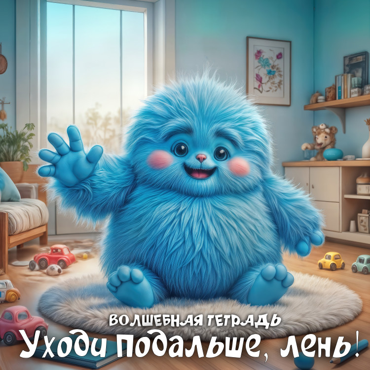 На изображении представлена уютная комната с большими окнами, через которые виден дневной свет. В центре комнаты сидит пушистый голубой персонаж с большими глазами и улыбкой. Он машет рукой, как будто приветствует кого-то. На полу лежит мягкий коврик, на котором сидит этот персонаж. Вокруг него разбросаны детские игрушки: машинки и другие предметы. На заднем плане виден шкаф с книгами и игрушками, а также картина на стене. В комнате царит атмосфера уюта и радости. Внизу изображения есть надпись: «Волшебная тетрадь. Уходи подальше, лень!».