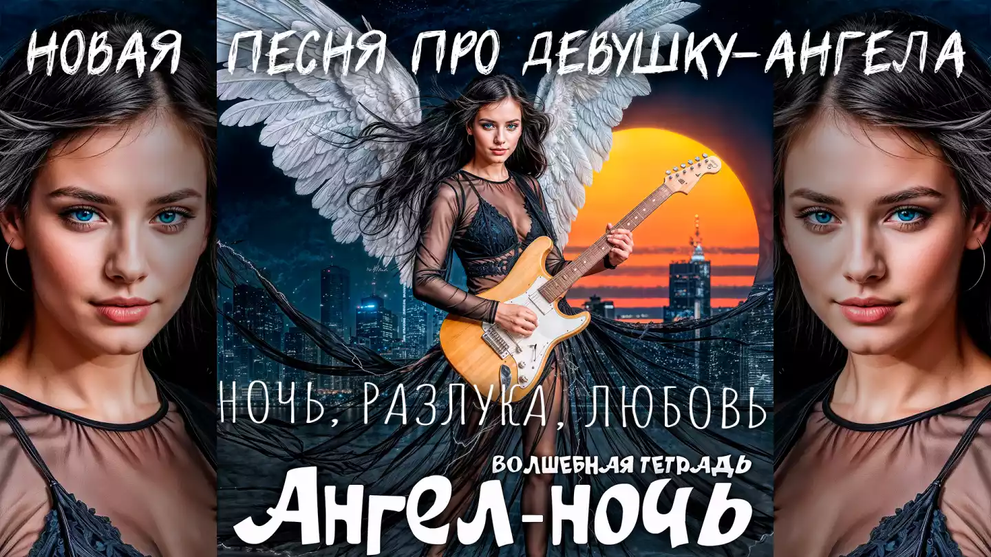 На изображении девушка - ангел с крыльями, держит гитару. На фоне ночной город с оранжевым солнцем. Текст «Волшебная тетрадь Ангел-ночь».