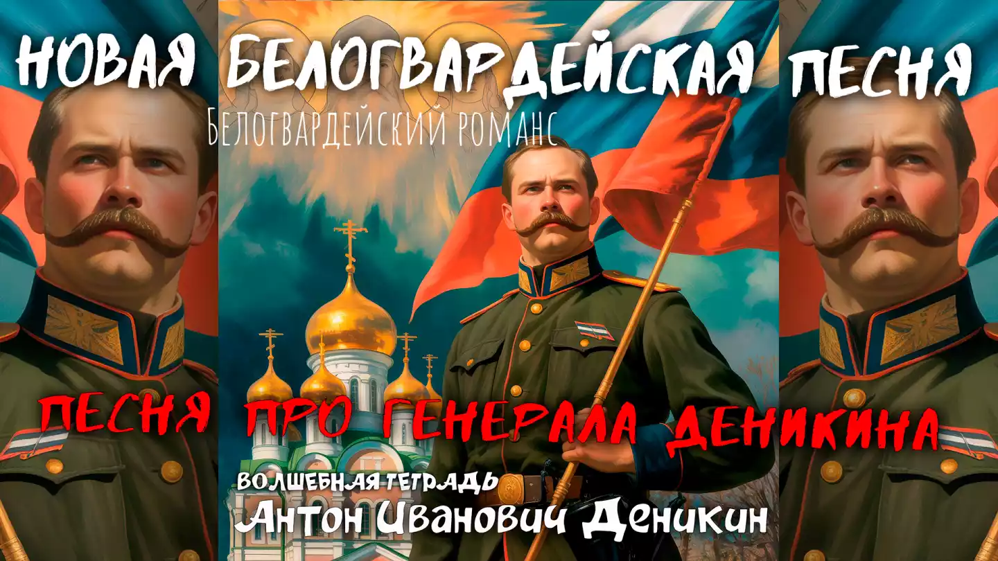 На изображении русский офицер в военной форме держит флаг с синими, красными и белыми полосами. На заднем плане храм с золотыми куполами и святые в ореоле света. Подпись: Антон Иванович Деникин. Волшебная тетрадь