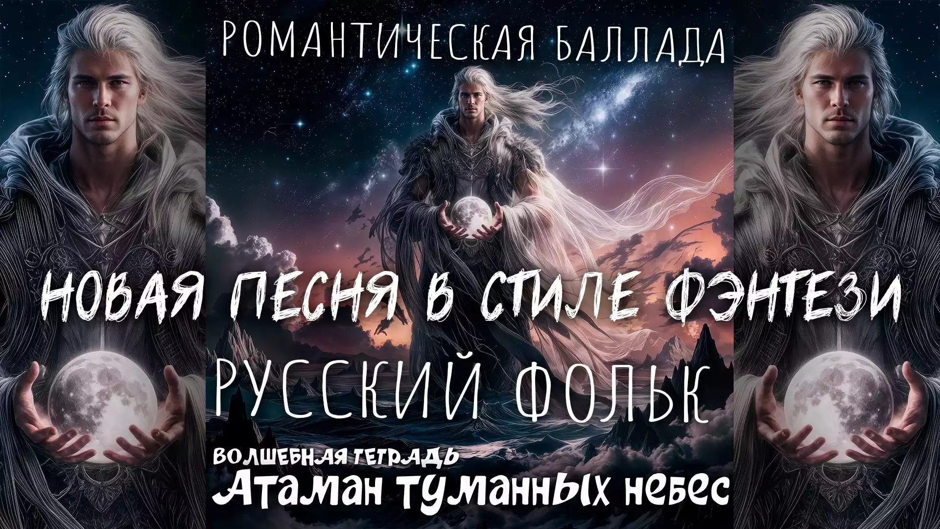 На изображении человек с длинными светлыми волосами держит магический шар. Вокруг него ночное небо со звёздами и облака.
