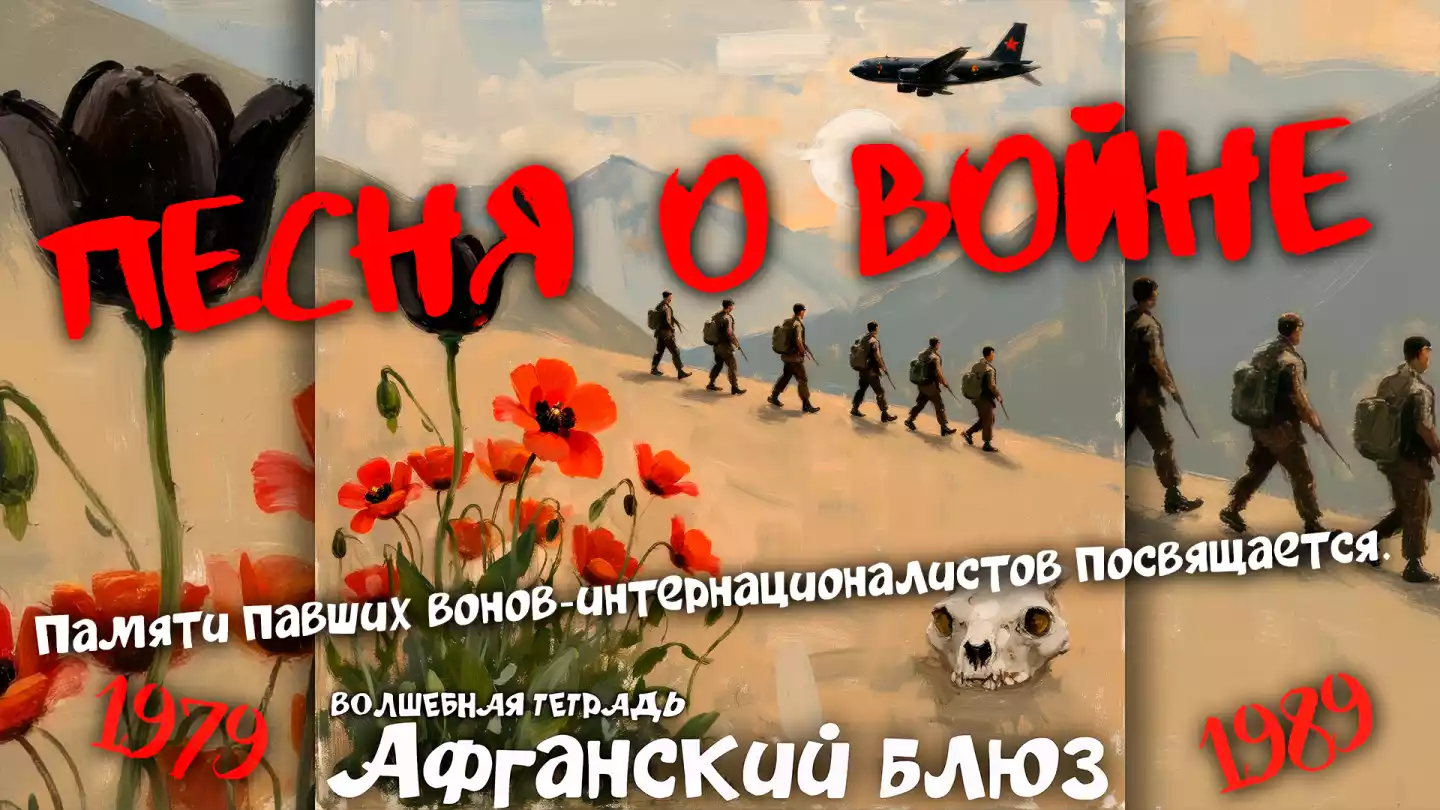 На изображении солдаты идут по пустыне в Афганистане, впереди горы и самолёт. Видны красные маки и чёрный тюльпан. Внизу череп. Надпись: Афганский блюз. Волшебная тетрадь