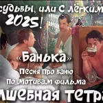 На изображении четверо мужчин и женщина сидят за столом в бане, смеются, держат кружки пива. На заднем плане новогодняя ёлка. Надпись: Банька. Волшебная тетрадь