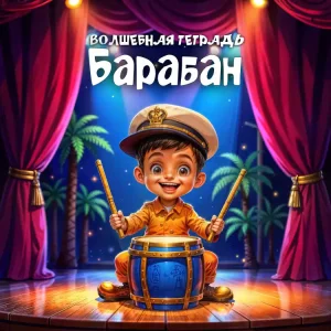 На изображении мальчик в фуражке капитана играет на барабане на сцене. Вокруг пальмы, красные занавеси, яркие огни. Надпись: «Барабан. Волшебная тетрадь».