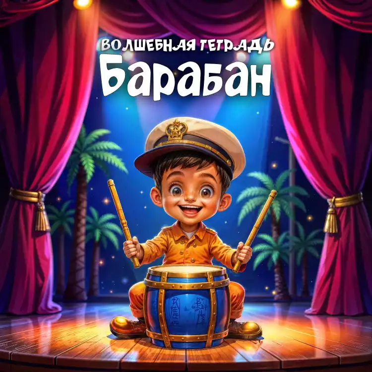 На изображении мальчик в фуражке капитана играет на барабане на сцене. Вокруг пальмы, красные занавеси, яркие огни. Надпись: «Барабан. Волшебная тетрадь».