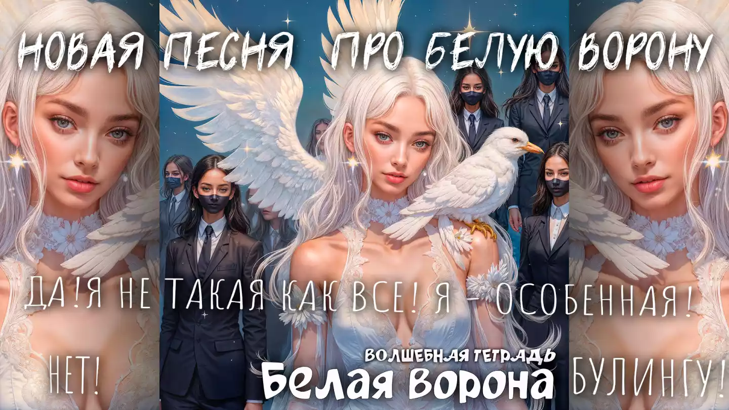 На изображении девушка с белыми крыльями и и белой вороной на плече. Вокруг стоят люди в костюмах и масках. Фон звёздный. Подпись: Белая ворона. Волшебная тетрадь