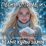 На изображении девушка с длинными светлыми волосами и голубыми глазами. Она улыбается и держит в руках снег. Фон зимний, снежный. Подпись: Белые кудри. Волшебная тетрадь