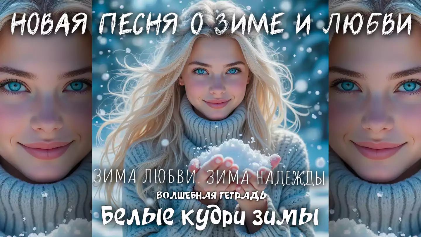 На изображении девушка с длинными светлыми волосами и голубыми глазами. Она улыбается и держит в руках снег. Фон зимний, снежный. Подпись: Белые кудри. Волшебная тетрадь