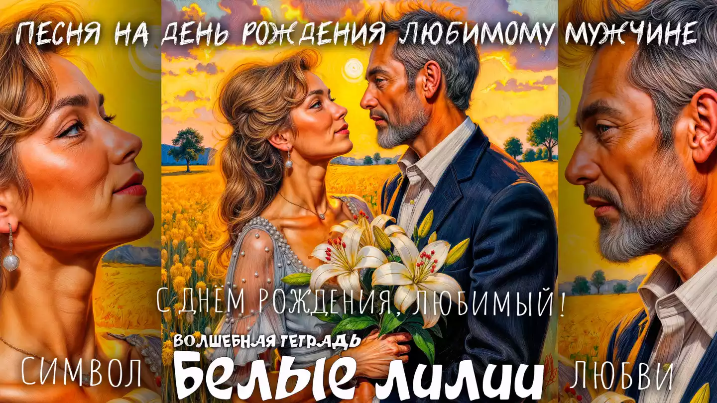 На картине изображены мужчина и женщина, стоящие близко друг к другу, на фоне поля с жёлтыми цветами. Женщина держит букет белых лилий. Подпись: Белые лили. Волшебная тетрадь.
