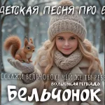 На изображении девочка в зимней одежде держит бельчонка. Вокруг снег и деревья. Текст «Волшебная тетрадь. Бельчонок».