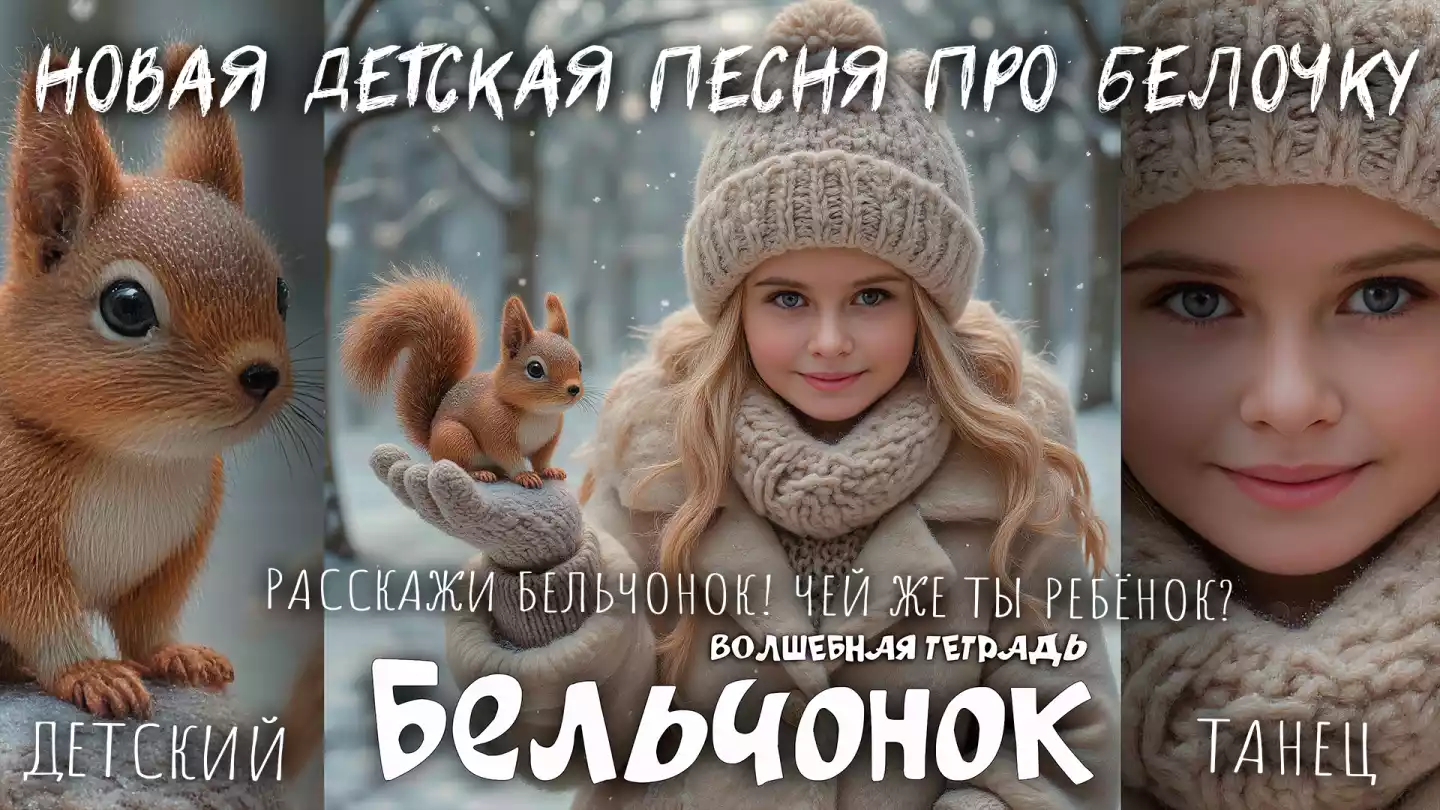 На изображении девочка в зимней одежде держит бельчонка. Вокруг снег и деревья. Текст «Волшебная тетрадь. Бельчонок».