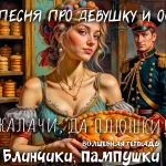 На изображении девушка в старинном платье с цветами в волосах держит пирог. Рядом стоит мужчина в военной форме. Фон изображает пекарню. Надпись: «Блинчик, пампушки! Волшебная тетрадь».