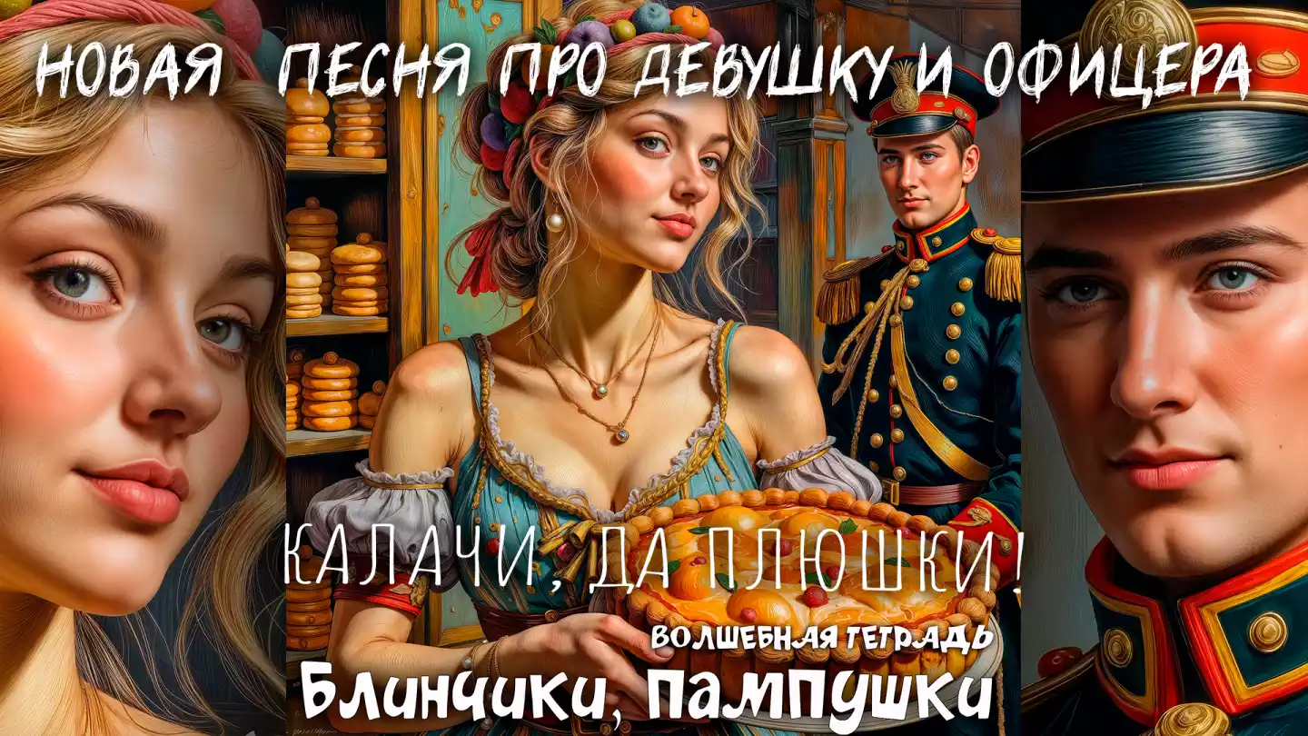 На изображении девушка в старинном платье с цветами в волосах держит пирог. Рядом стоит мужчина в военной форме. Фон изображает пекарню. Надпись: «Блинчик, пампушки! Волшебная тетрадь».