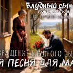 На изображении женщина в красном платье стоит на крыльце, а мужчина в костюме стоит на коленях с букетом красных цветов. Текст: Возвращение блудного сына. Волшебная тетрадь